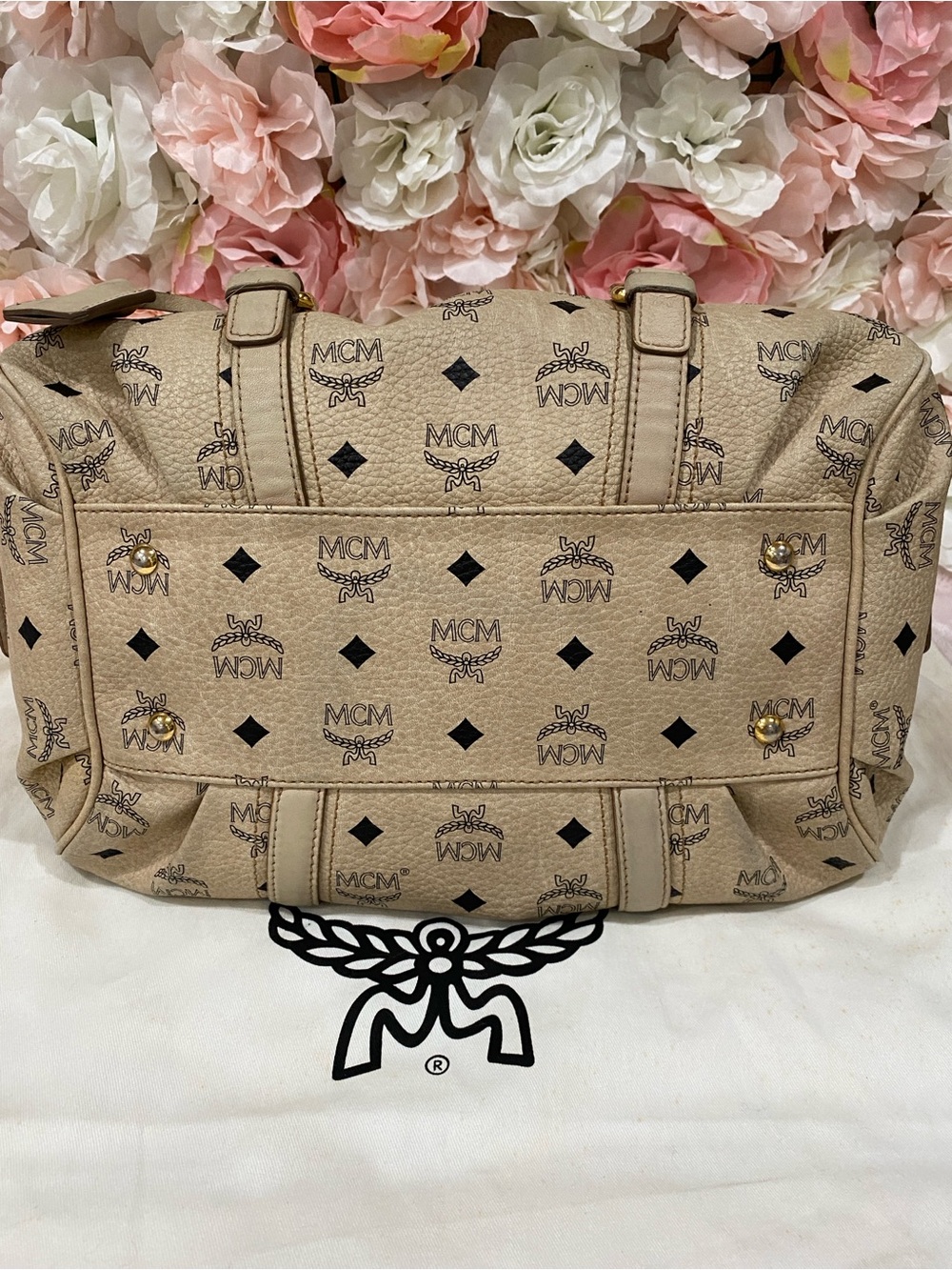 MCM Beige Visetos Logo Satchel with Gold Hardware - Picture 3 of 14